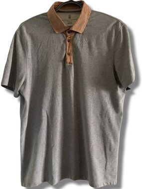 Brunello Cucinelli Slim Fit Grey Polo with Brown Trim Made in Italy Size Large